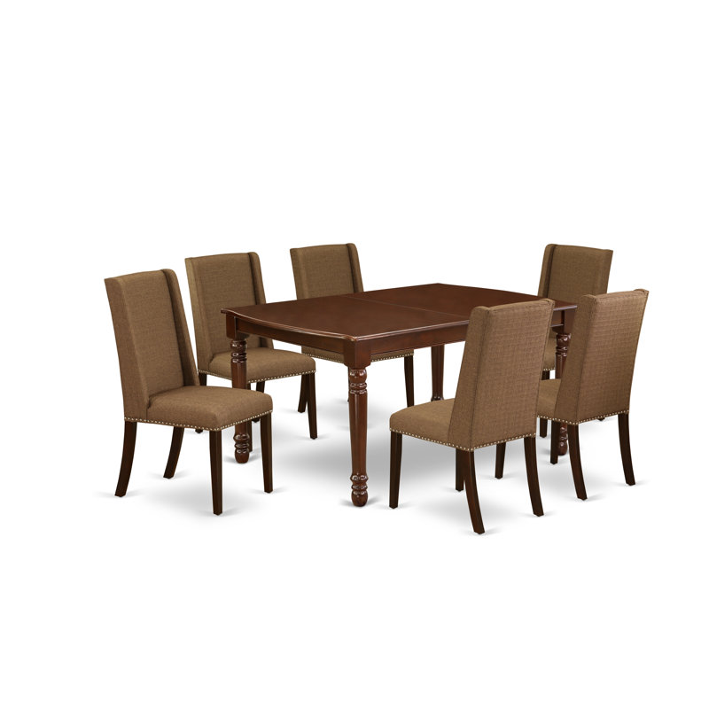 Ensemble de table de salle à manger 7 pièces composé d'une table rectangulaire avec feuille papillon et 6 chaises de salle à manger Parson en tissu brun, acajou
