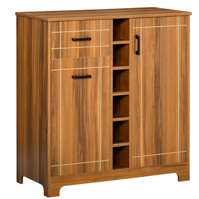 6 Bottle Wine Rack - Sideboard With 1 Drawer, Brown Finish Cabinet Bottles, Glass Holders,
