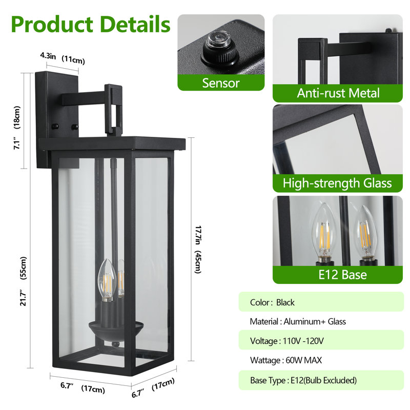 Black Dusk to Dawn Outdoor Wall Lantern with Dual Light Design