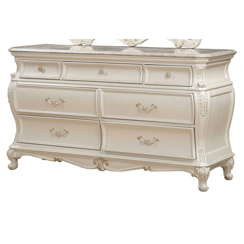 Commode 7 tiroirs avec miroir Waldorf, Blanc perle