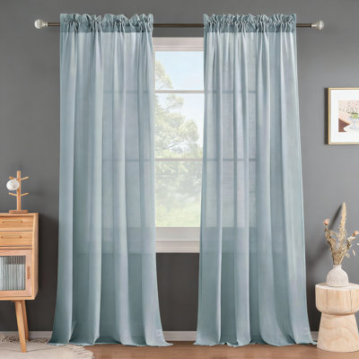 Rideaux en lin de 84 po de longueur, passe-tringle semi-transparent, 2 panneaux, style maison de campagne pour le salon