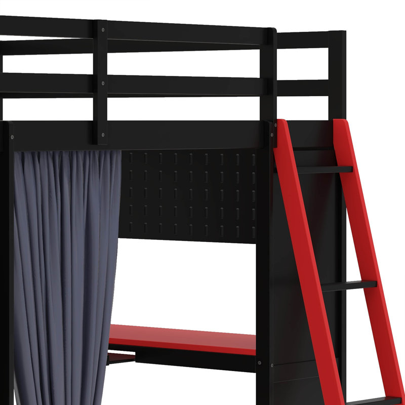 Full Size Loft Bed With Desk And 6 Storage Shelves, Wardrobe, Blackout Curtain, Black/Red