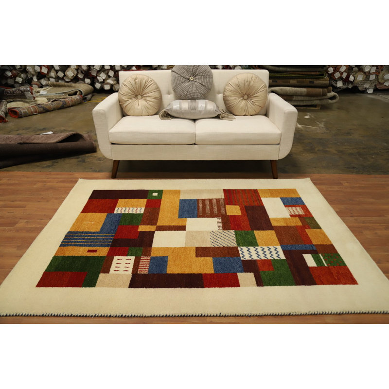 Vibrant Patchwork Gabbeh Style Rug 5x7 with Bold Geometric Patterns