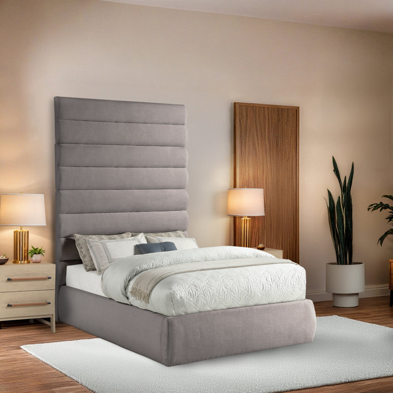 Lit en tissu Adam, Tissu texturé lin taupe, Double