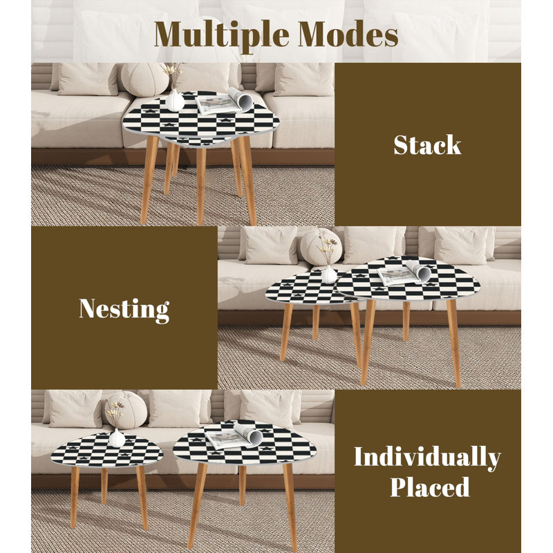Triangle Nesting Coffee Table Set of 2 Geometric Checkered seamless stars Abstract Chess board allover print End Table Modern Minimalist Side Table Set for Living Room Bedroom