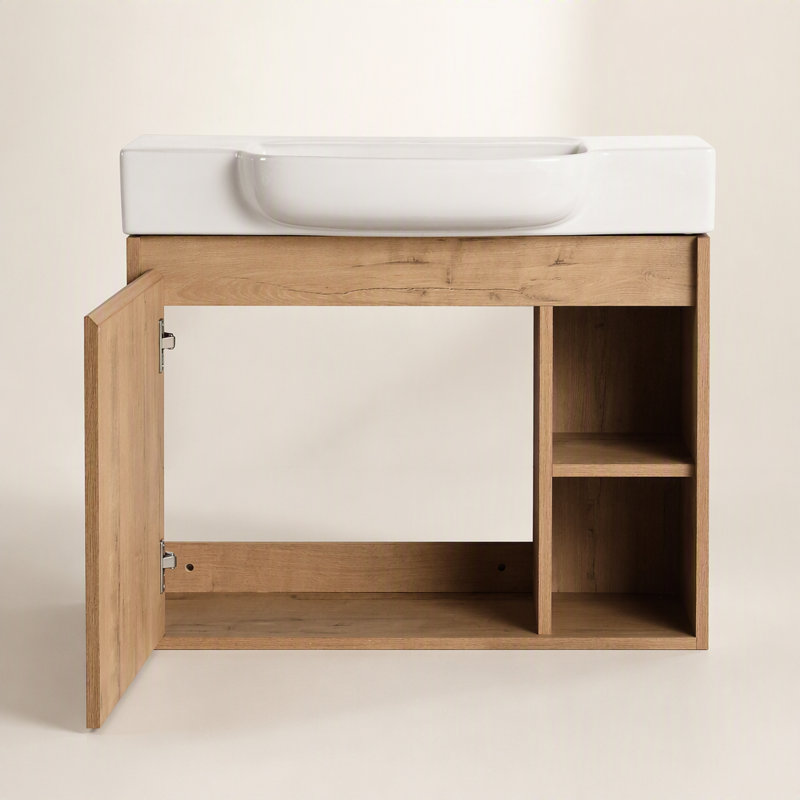 Meuble-lavabo mural 28 po avec lavabo en céramique blanche et porte à fermeture en douceur, emballage KD, Imitative Oak, 27"