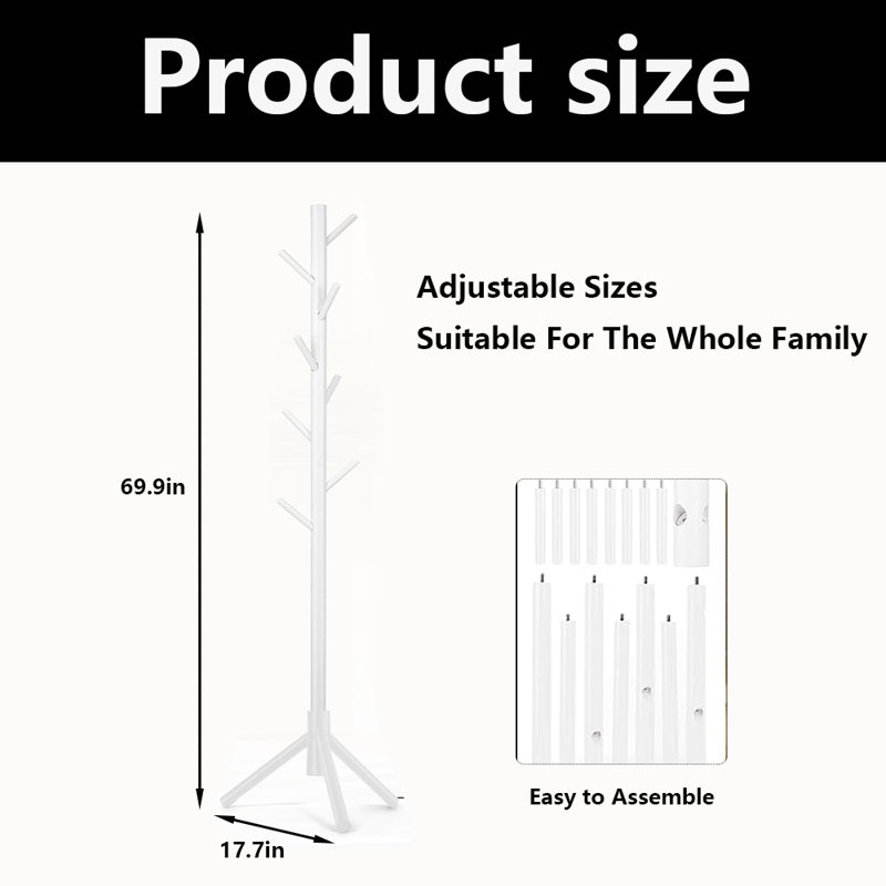 Freestanding Solid Wood Coat Rack With 8 Hooks And 3 Adjustable Size ,For Hats, Bags, Purses, Entryway, Hallway, White