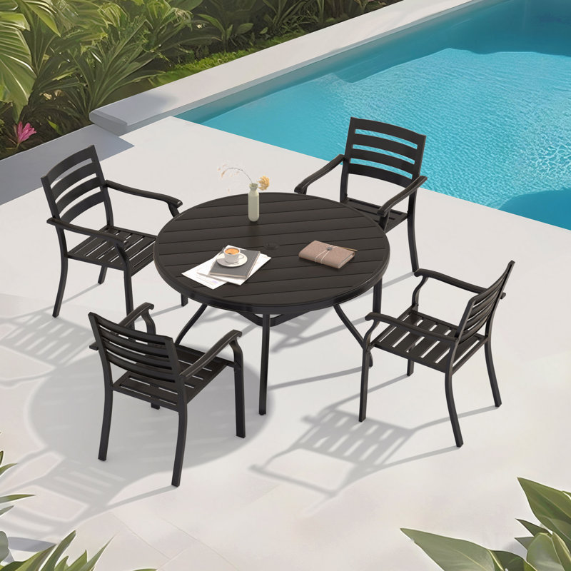 5 Pieces Outdoor Patio Dining Set, 4 Stackable Metal Dining Chairs And 40.6" Round Metal Dining Table Outdoor Table And Chairs For Lawn Garden Backyard Deck