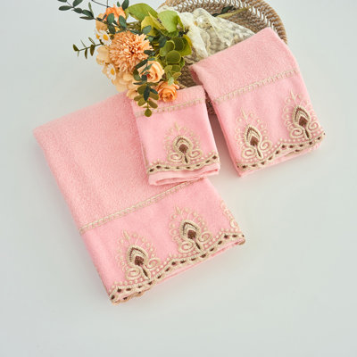 Yolet Home Decor Premium Luxury Ultra Soft 100% Cotton Sheer Embroidered Kitchen Bathroom Modern 3 Piece Lace Towel Set, Pink Color