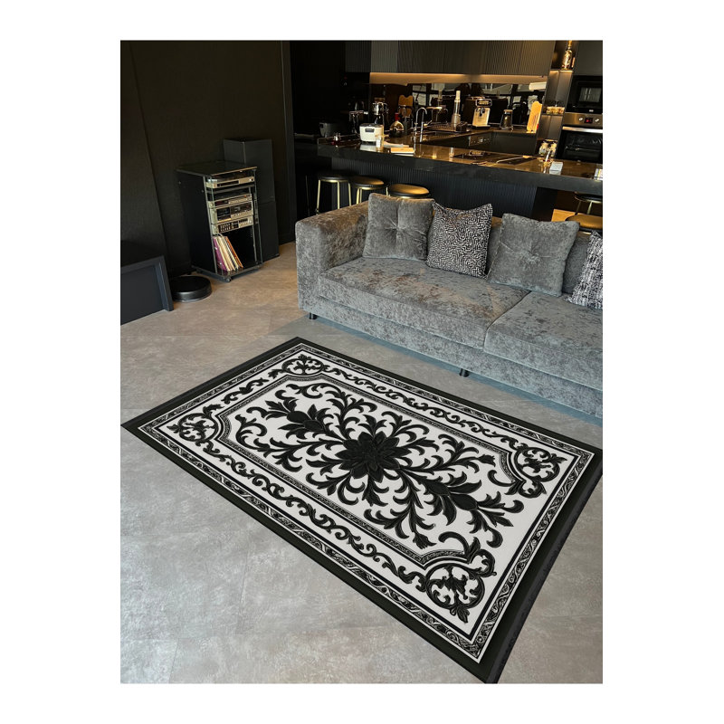 Tapis gris tissé à motif floral lavable Mosso, 2 pi x 2 pi 11 po