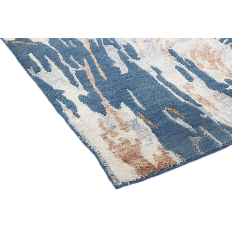 Tapis intérieur bleu/beige en laine noué la à la main one-of-kind