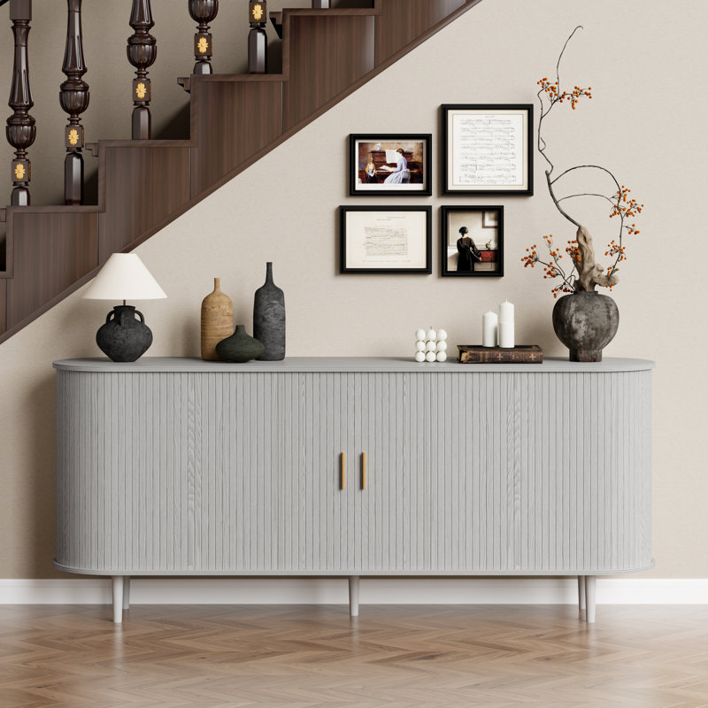Buffet 70 po avec portes tambour rondes, grand tiroir de rangement, tablettes réglables et pieds en bois massif pour la salle à manger, le salon et le vestibule