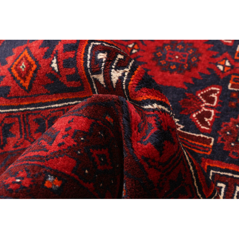 Tapis rouge en laine noué à la main de conception unique 3 pi 5 po x 6 pi 5 po Esti