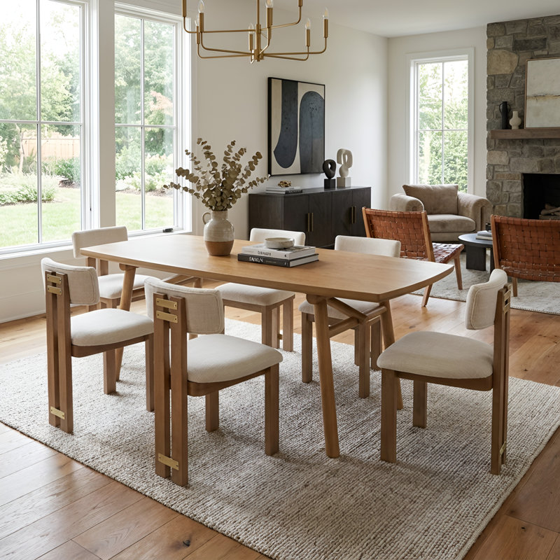 Modern Farmhouse Dining Set - Solid Wood Table With Metal Accent Chairs - 5/7 Piece Kitchen Set, Natural, Linen