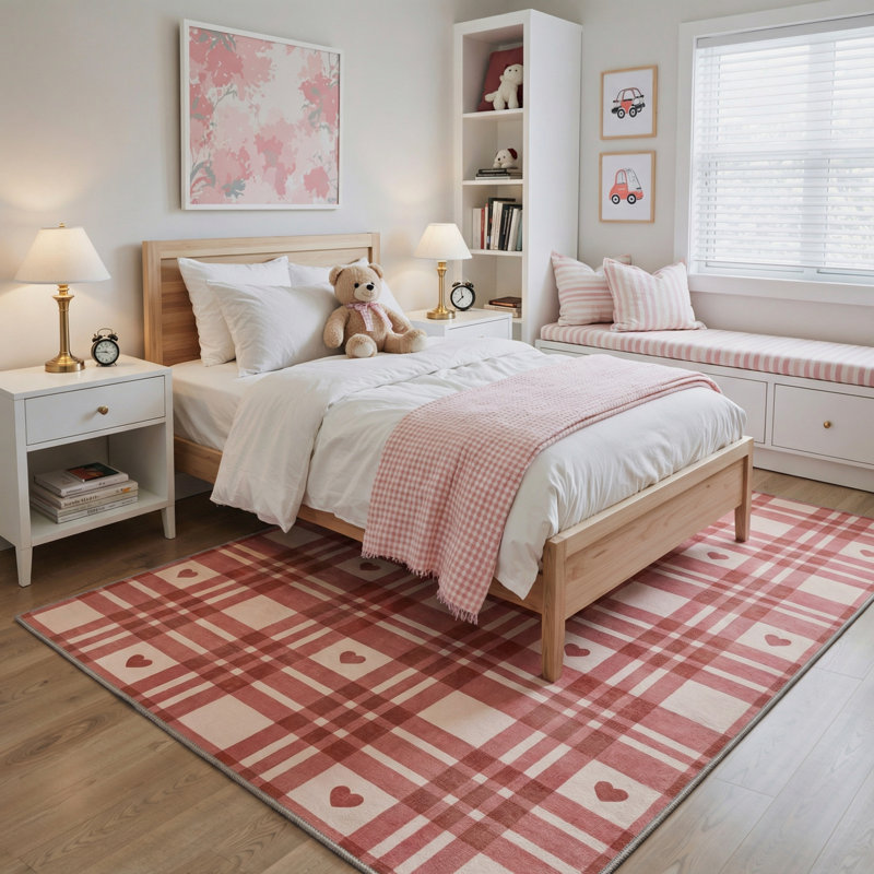 Preppy Plaid & Mini Heart Aesthetic Machine Washable Red Indoor Area Rug  with Non-Slip Backing, Rectangle 5' x 7'