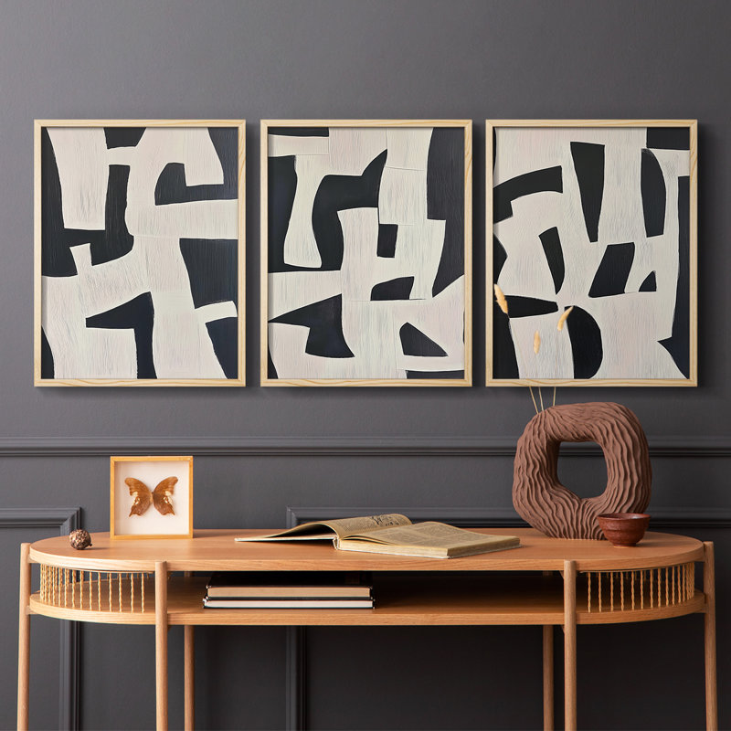 Abstract  Series  CXCV  -Set Of 3 Framed Giclee Prints -Ready to Hang, 10" H x 24" W, Natural