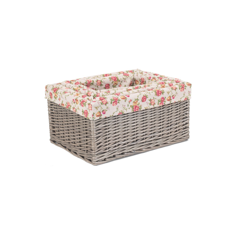 4 Piece Wicker Storage Basket Set with Garden Rose Lining, Antique
