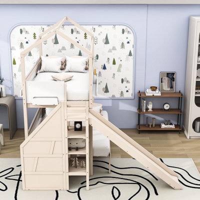 Wooden Twin Over Twin/Full Loft Bunk Bed with Playful Slide