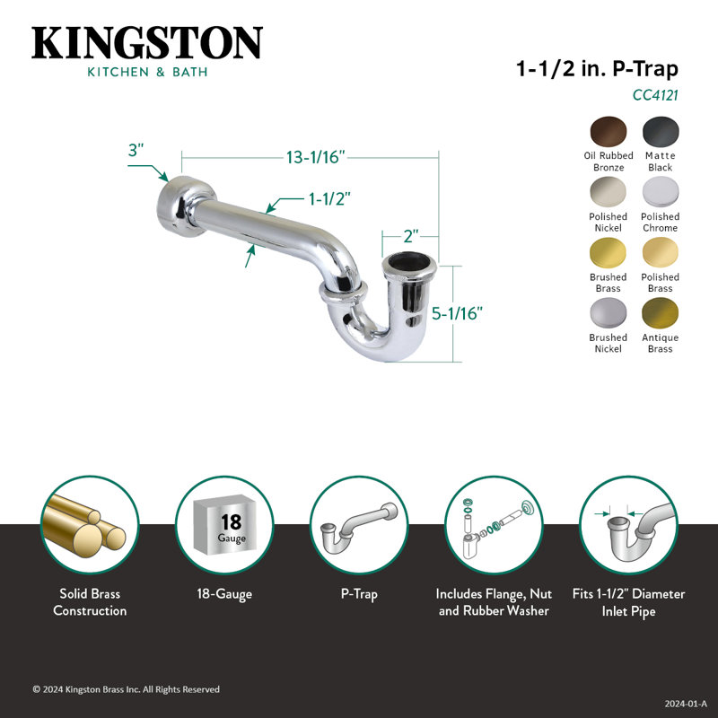 Kingston Brass Trimscape 1-1/2 Inch Decor P-Trap with High Box Flange, 13-1/16 Inch Length, 18 Gauge, Antique Brass