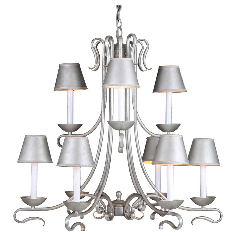 Lustre candélabre à niveaux 9 lumières argentées antique avec abat-jour empire 1899-8