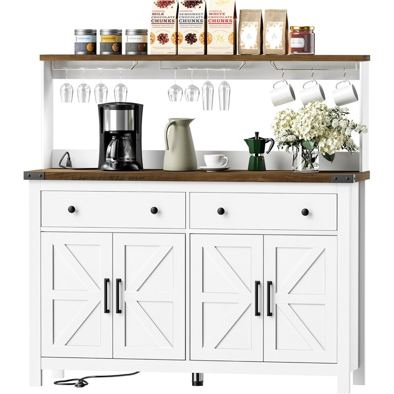 White MDF Farmhouse Coffee Bar Cabinet with Charging Station and Barn Doors