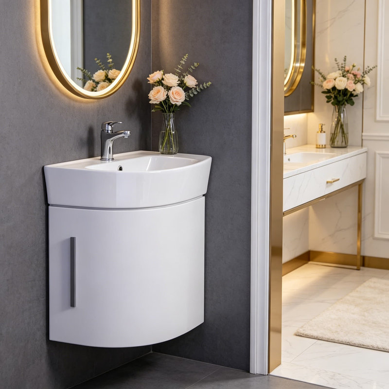 Lavabo de meuble-lavabo de coin mural avec robinet et drain, conception peu encombrante pour les petites salles de bain, blanc