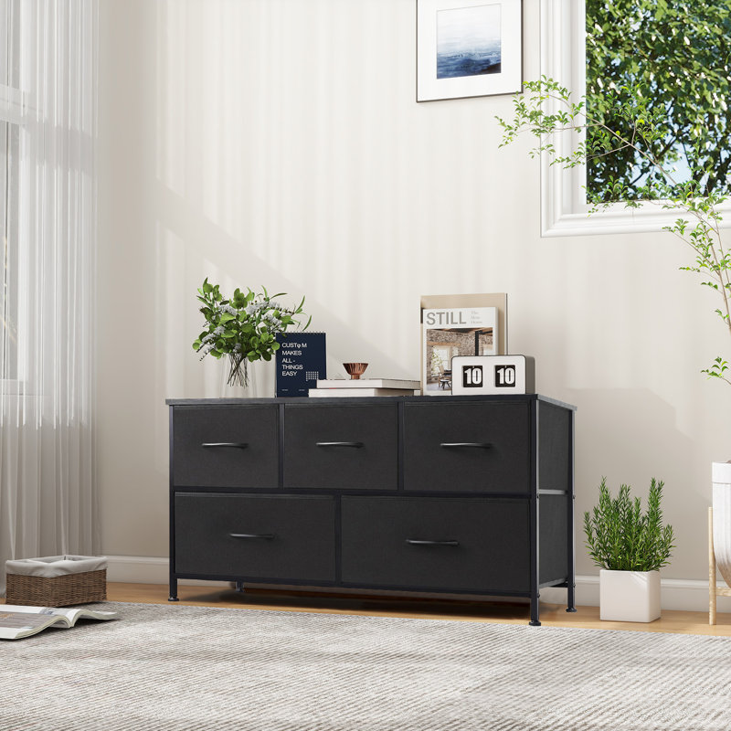 Dresser With 5 Fabric Drawers, Tall Dresser For Bedroom, Large Dresser Fabric Chest For Living Room, Black