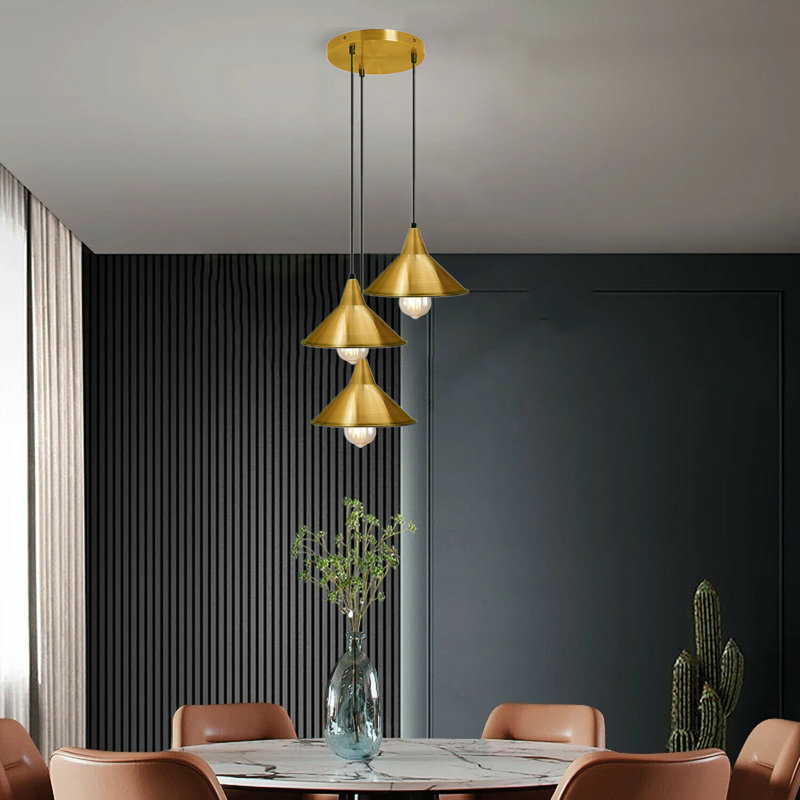 Rosenthal 3-Light Cluster Cone Pendant, Yellow Brass