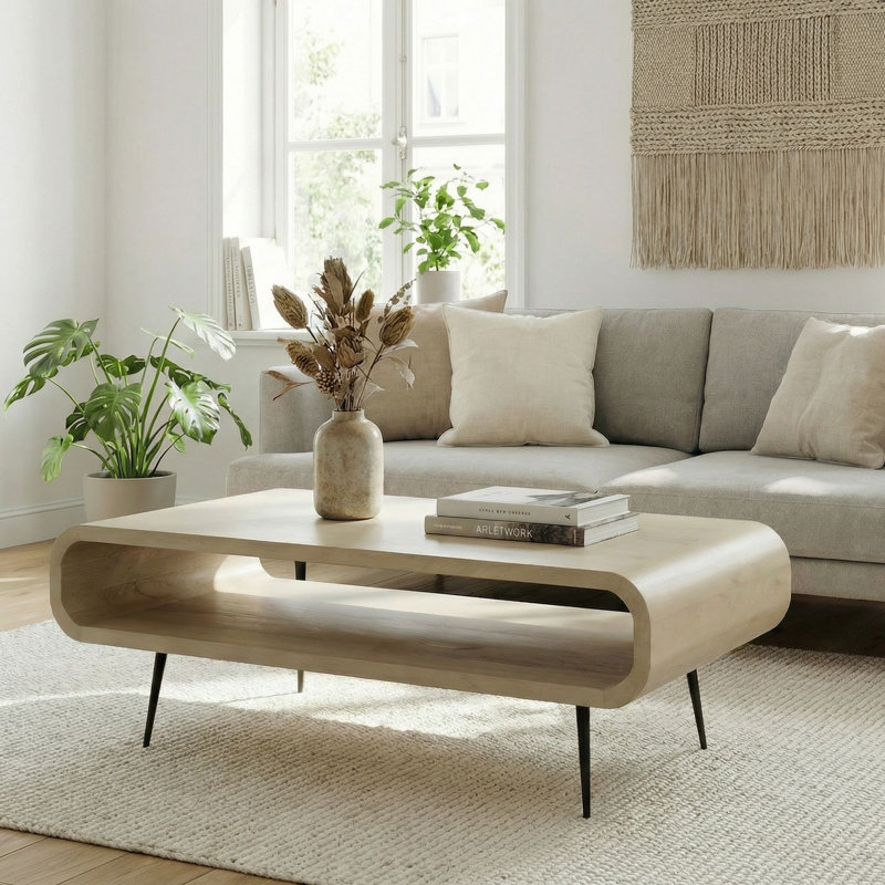 Rectangular Solid Mango Wood Coffee Table with Storage in White Wash, 30cm H x 90cm W x 55cm D, White / Black, White