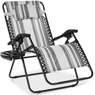  Oversized Zero Gravity Chair, Folding Outdoor Patio Recliner W/ Cup Holder - Gray Stripes