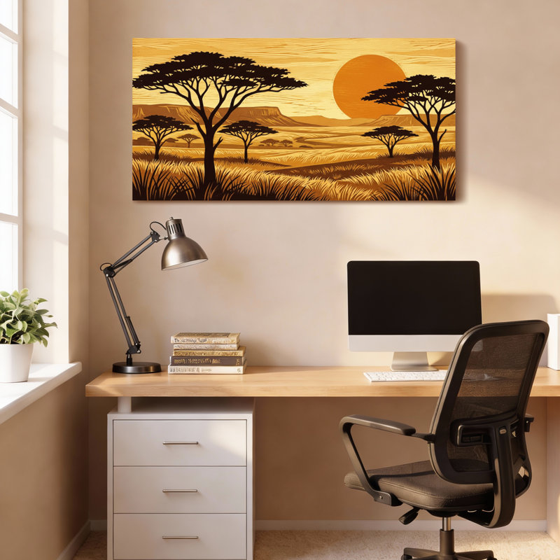Ensemble de 1 tableau sur toile représentant un coucher de soleil sur la savane africaine, 3216