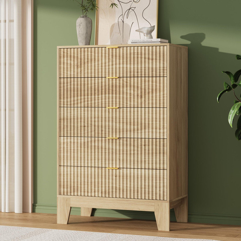 Commode 5 tiroirs cannelée moderne - poignées dorées, largeur 31,5 po pour la chambre à coucher ou le vestibule, Jaune