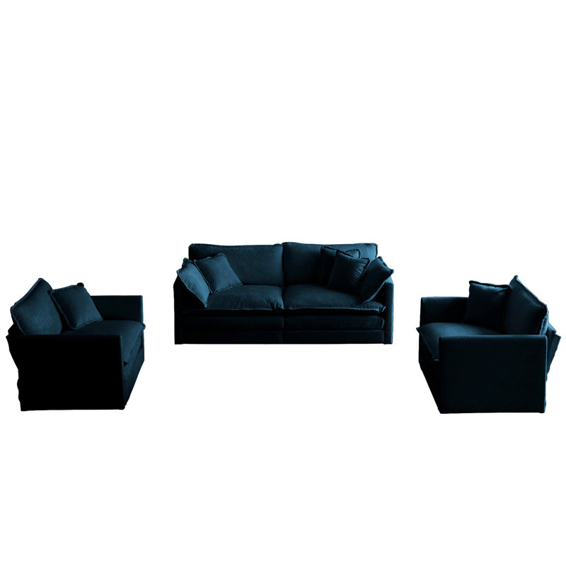 Chenille bleue 3 pièces - Élégance du salon, coussins et coussins rembourrés en bois massif, sièges somptueux, 2 fauteuils 2, construction, revêtement, rembourrage en éponge douce, pour