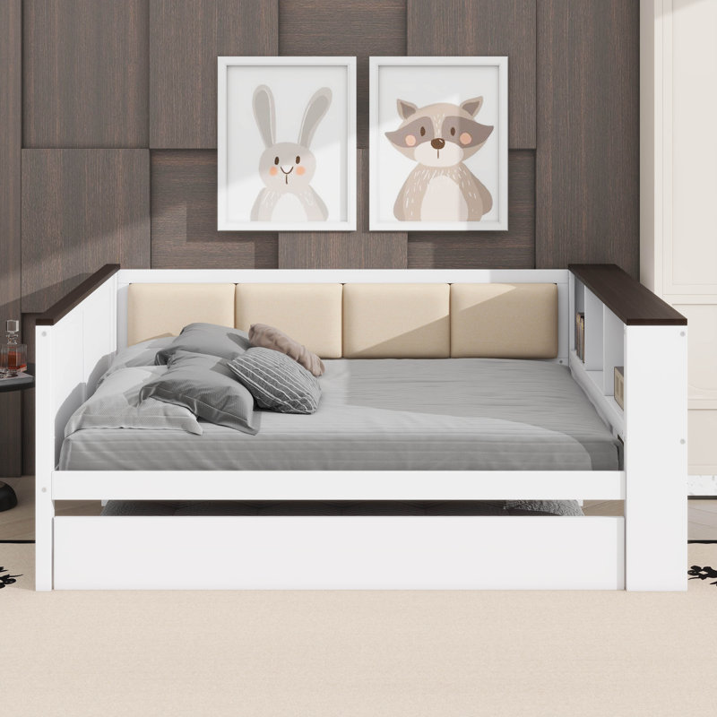 Full-Size Daybed With Storage Shelves, Upholstered Backrest, USB Port, And Trundle Bed, Full