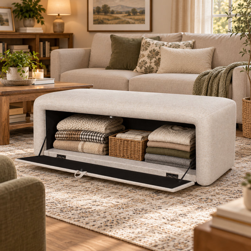 Banc ottoman de rangement à ouverture latérale, recouvert de lin, 48 pouces, pour salon, Beige