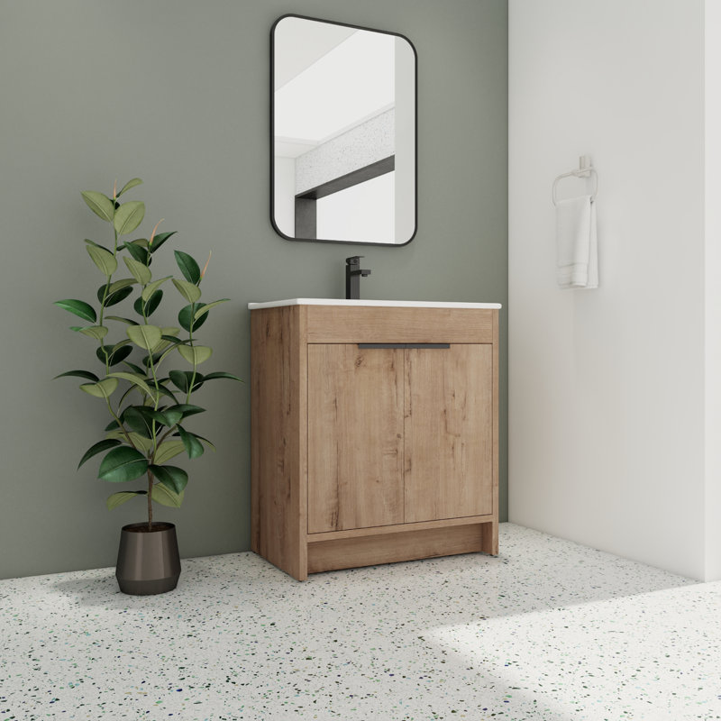 Meuble-lavabo simple avec plateau en céramique 30,47 po Oshea, Imitation chêne