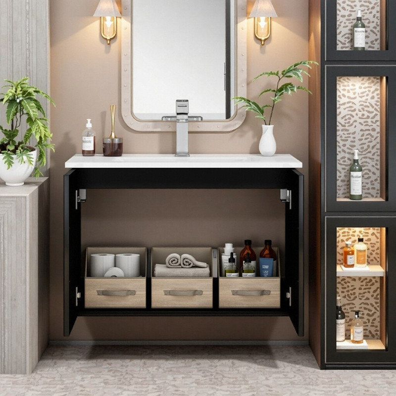 Armoire de salle de bain murale 30 po avec portes à fermeture douce et finition en métal ultrabrillant, Noir