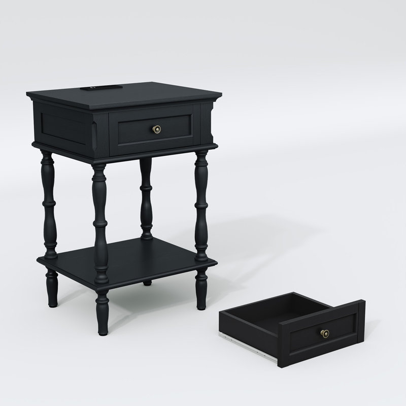 Table de chevet 25 po à 1 tiroir avec prises de charge intégrées, table de bout avec placage en bois massif (assemblage minimal requis)