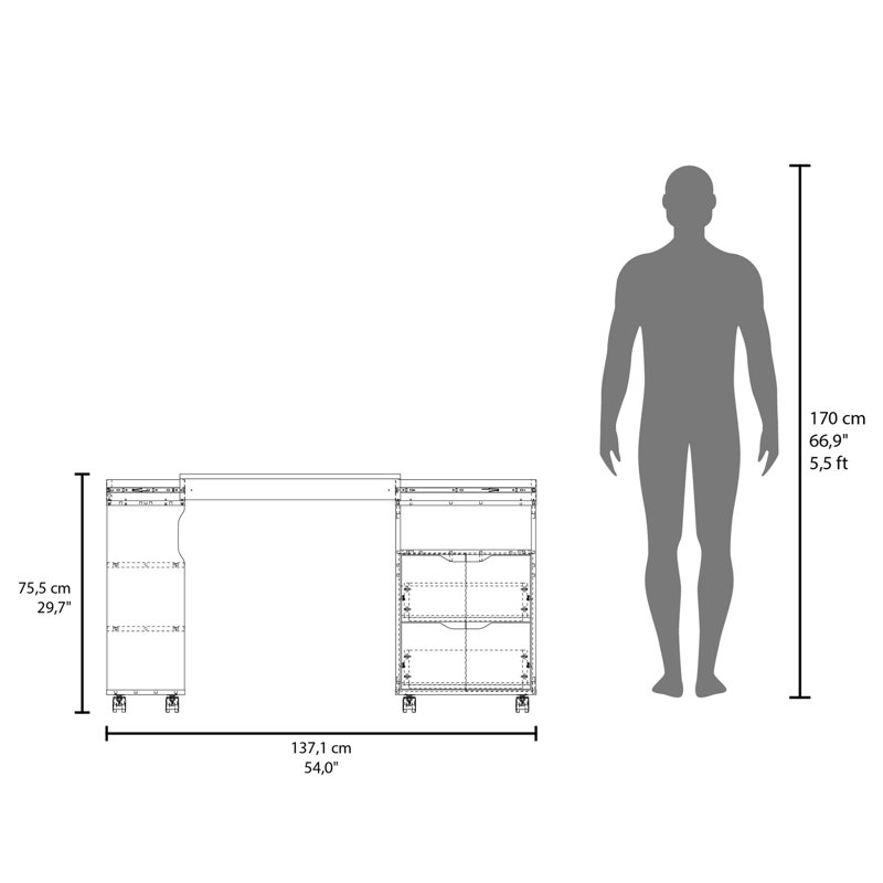 Loris Extendable Desk with Two Drawers, Open Shelves, and Sliding Mechanism