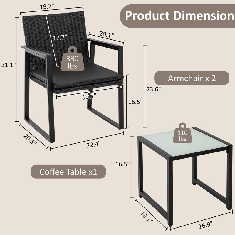 Ensemble bistro 3 pièces pour terrasse en osier avec table basse et fauteuils rembourrés, Noir