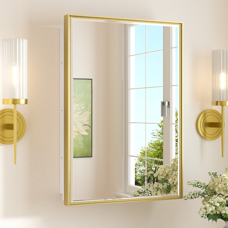 Cyrille Recessed & Surface Framed Medicine Cabinet with Mirror and Shelves, 24" H x 16" W x 5.2" D, Gold/White