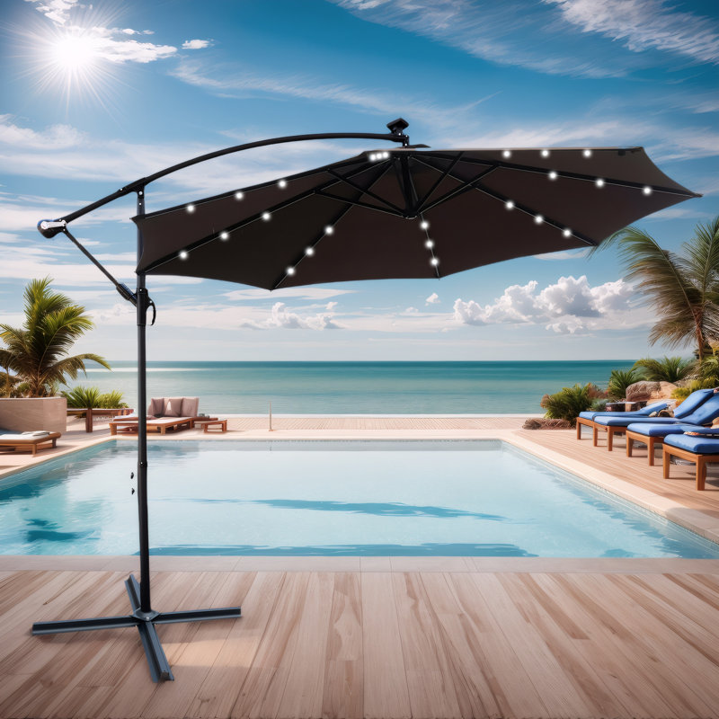 Parasol de patio imperméable de 10 pi avec lumières solaires à DEL pour la cour, la piscine, la terrasse - abat-jour à 8 nervures, manivelle facile et base en croix robuste