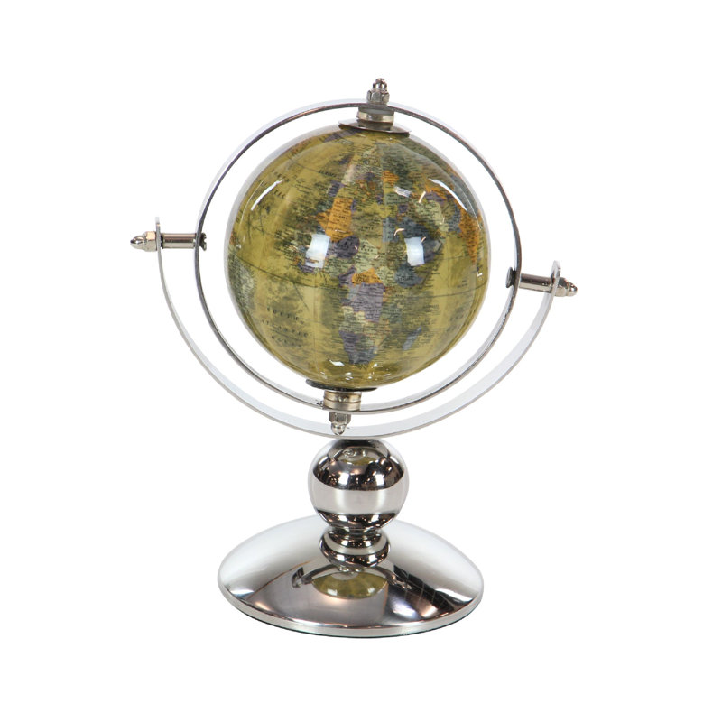 Globe terrestre en acier inoxydable, Vert olive, H 11,2 po x l 9,5 po x P 6,5 po