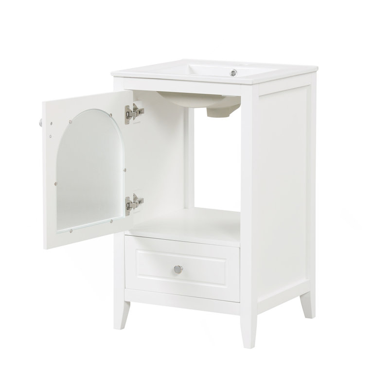 Meuble-lavabo de 20 po avec lavabo, armoire de salle de bain avec porte en verre à fermeture douce, tiroir, blanc