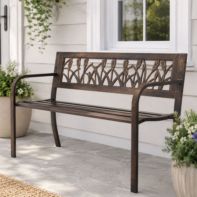 Banc de patio extérieur en métal avec dossier floral et accoudoirs Grove