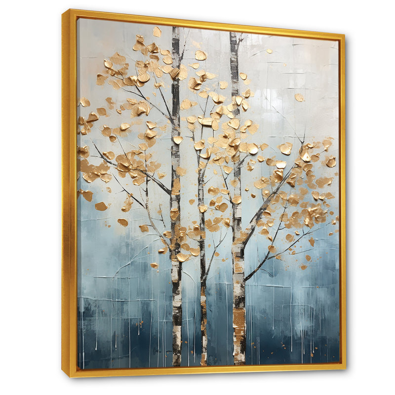 Décoration murale Harmony III - arbres dorés et bleus, Cadre flottant doré, H 20 po x l 12 po x P 1 po