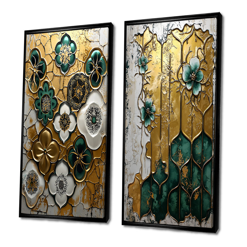 Ensemble de 2 tuiles florales vertes et dorées marocaines I - Maroc, H 28 po x l 24 po, Impression encadrée