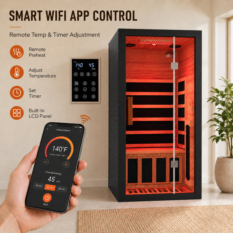 Duthss 1 Person Infrared Sauna for Home, 1700W Fast Heating Full Spectrum Sauna with Red Light Therapy, 7 Heaters (5 Carbon Panels & 2 Red Light Tubes), WiFi App Control, Indoor Spruce Wood Dry Spa, 35.4" x 35.4"x 70.86"