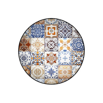 Round Orange Tile Patterned Woven Base Decorative Machine Washable Rug