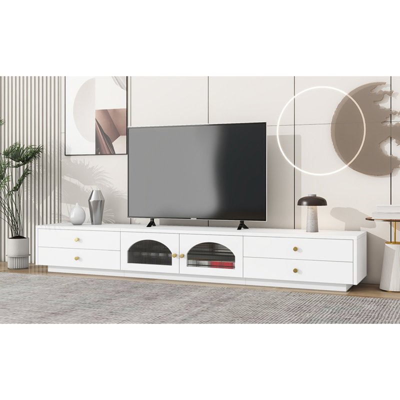 Meuble télé luxueux avec portes en verre cannelé, console multimédia élégante et fonctionnelle pour téléviseur de 95 po ou moins, tablette en verre trempé avec plusieurs options de rangement